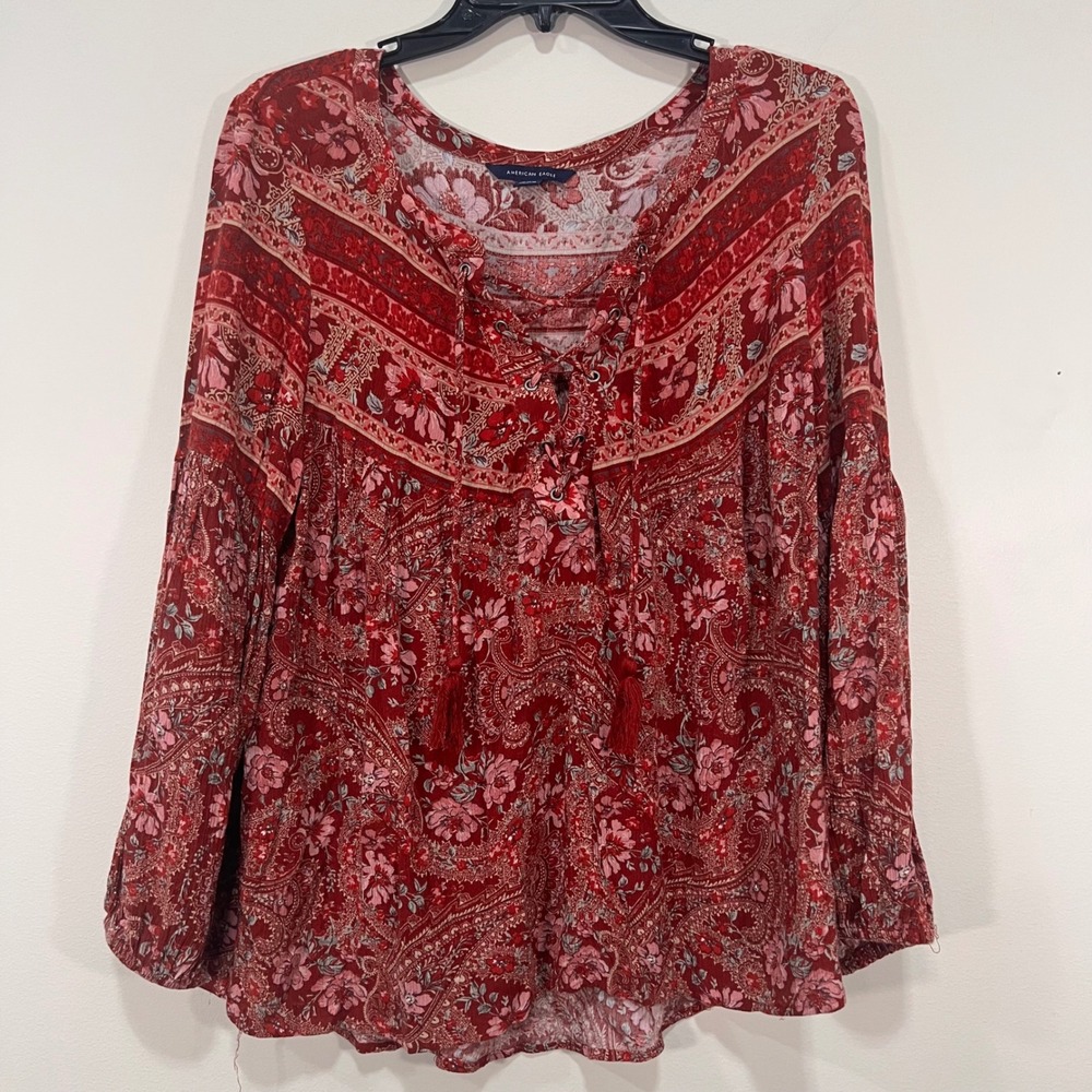 American Eagle Boho Floral Peasant Blouse Red Paisley Tassel Tie Size M